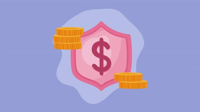 golden coins dollars with shield animation