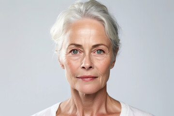 photograph of Beautiful gorgeous 50s mid aged mature woman looking at camera isolated on white. Mature old lady close up portrait.Generative ai