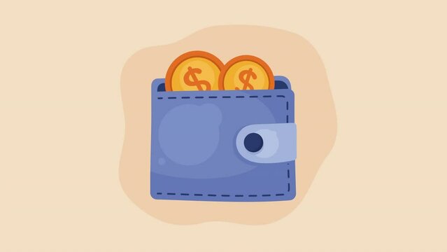 golden coins dollars with wallet animation