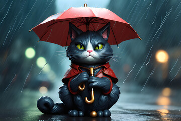 A legendary and fantasy cat is holding an umbrella on a rainy day.