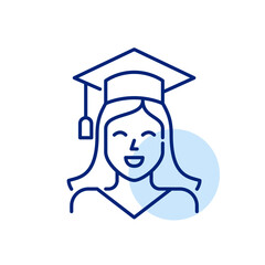 University graduation. Smiling young woman wearing mortar and gown. Pixel perfect, editable stroke icon