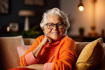 photograph of Portrait of Happy old lady in glasses posing at home indoor, positive single senior retired female sitting on sofa in living room.generative ai