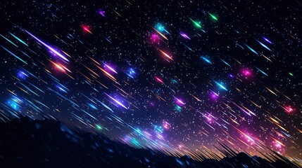 Obraz premium Many colored rgb neon shooting stars in the night sky, 8k, qhd,