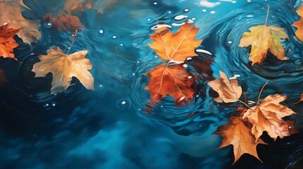 Fototapeta na wymiar autumn leaves fall and floating the blue water in close up, little ripple of water, hyper realistic