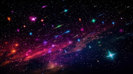 Fototapeta na wymiar Many colored rgb neon shooting stars in the night sky, 8k, qhd,