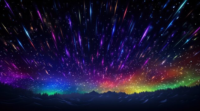 Many colored rgb neon shooting stars in the night sky, 8k, qhd,