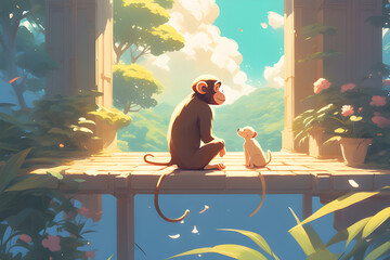 On a sunny day, a monkey and a dog are watching the scenery together.