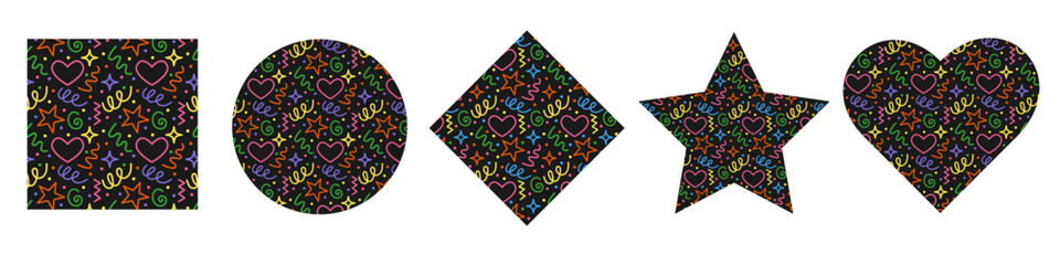 Set of Black Basic shapes decoration doodle pattern. Festive Kid fun collection in minimalist style. Holiday scribble print for design. Flat graphic vector illustration