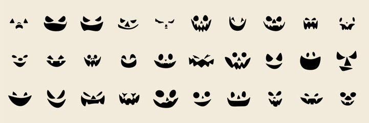 Large collection of Pumpkin face. Set of Halloween faces. Hand drawn vector illustration.