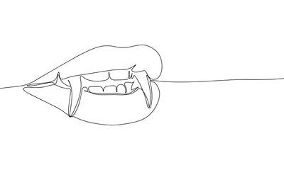 Vampire mouth one line continuous vector illustraiton. Line art concept Halloween banner. Outline, silhouette vector illustration. 