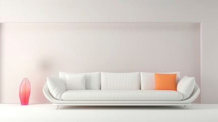 Fototapeta na wymiar Minimalist clean sofa, with a background on the wall with randon rgb volumetric design, 8k, qhd, sofa interior design,