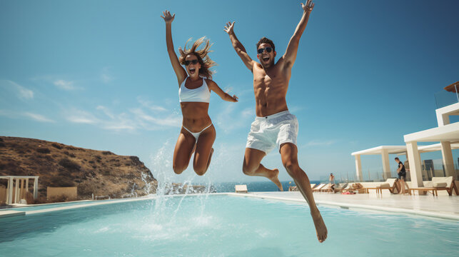 couple jump together in the blue water of a pool cheering