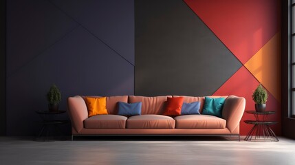 Minimalist clean sofa, with a background on the wall with randon rgb volumetric design, 8k, qhd, sofa interior design,