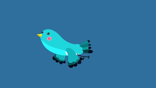 Nightingale bird blue cartoon animation character starts flight isolated. Blinking eyes seamless loop behaviour.
