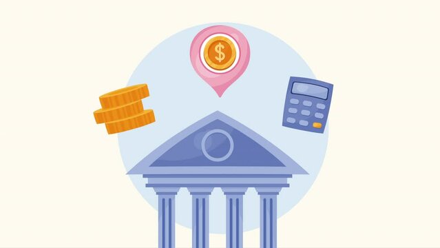 bank building with money symbols animation
