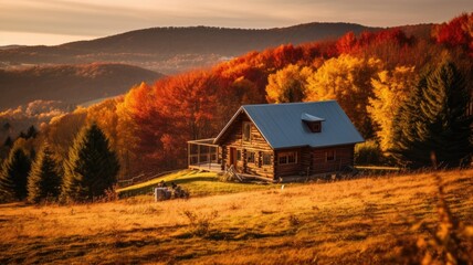 cozy cabin nestled amidst rolling hills autumn