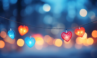romantische Herzlichterkette vor winterlichen Hintergrund