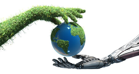 Green energy and artificial intelligence saving Planet Earth conceptual design, mechanical robot arm and hand of the nature covered with grass and flowers protecting a globe