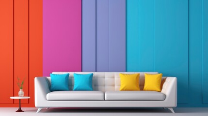 Minimalist clean sofa, with randon rgb pattern wall background, sofa interior design,