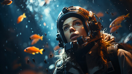 The face of a beautiful female scuba diver in a mask and diving suit scuba diving underwater. Close view. non-existent person. AI generated