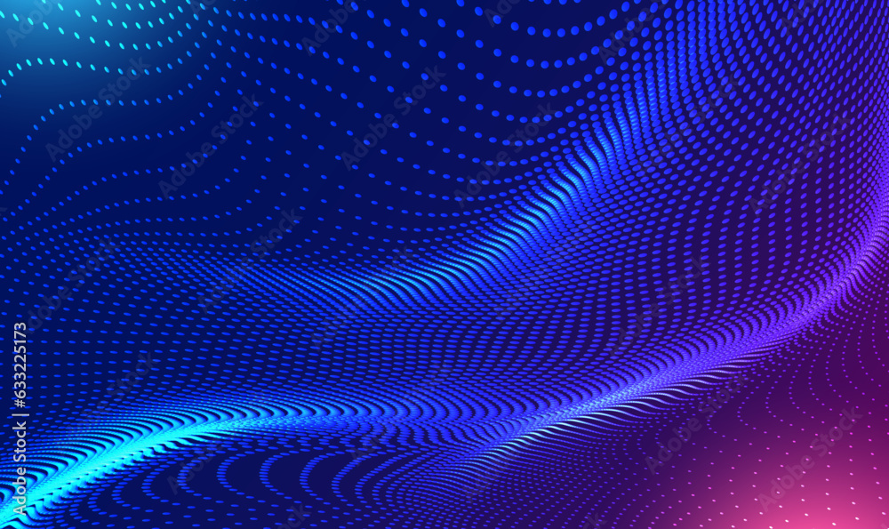 Poster Futuristic 3d wave particle technology background.
3d abstract sci-fi user interface concept with gradient dots and lines. Digital cyberspace, Hi-tech and big data. Technology or Science. Vector EPS10