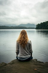 Fototapeta premium A girl with long hair sitting by a lake on a cloudy day
