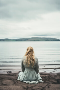 The back of a blonde girl with long hair sitting by a lake on a cloudy day