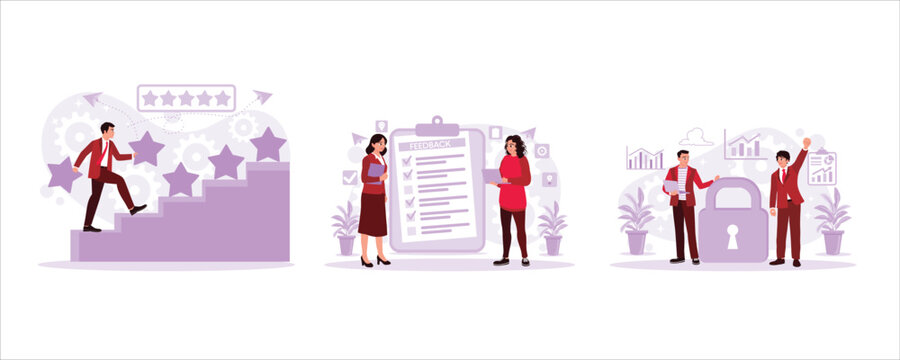 Rating increase or ranking, evaluation for assessment, Successful businessman cheering key background. Key Performance Indicator concept. Set Trend Modern vector flat illustration