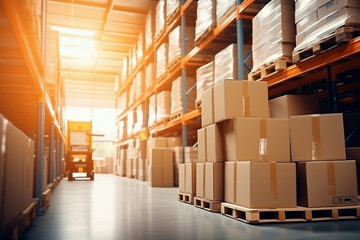 Interior of a modern warehouse. Large space for storing and moving goods. Logistics. Blurred background. The sun's rays fall through the windows into the warehouse.