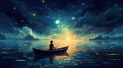 boat in the sea at night. beautiful space - obrazy, fototapety, plakaty