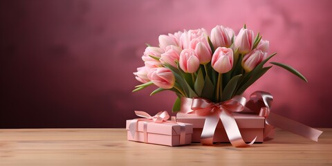 pink tulip flower and gift box with pink background