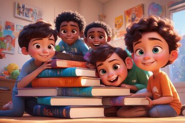 Fototapeta premium Children sitting on a pile of books in a sunny classroom