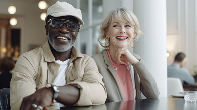 elderly coupel of a afro american man and a caucasian woman sitting together in a cafe