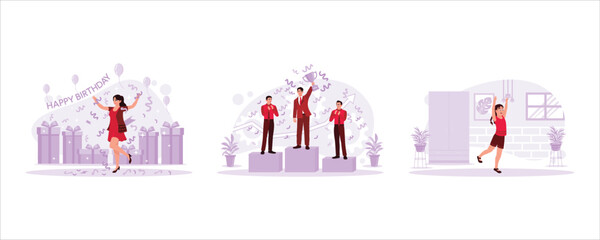 Beautiful girl celebrating her birthday, three businessmen standing on the podium, a cheerful little girl celebrating happiness. Celebration concept. Set Trend Modern vector flat illustration
