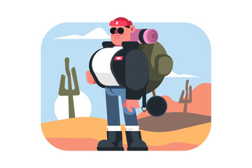 Man with backpack in desert