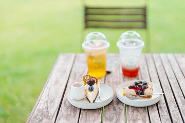 Blueberry Cheese Pie, Homemade Cheese Cake with Berries and Beverages. Dessert,  Bakery and Pastry concept