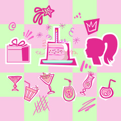 Pink barbiecore collection. Сake, cocktails and other attributes party. Vector illustration.