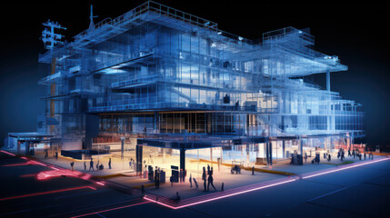 Wireframe of building. sketch design. Digital project visualization