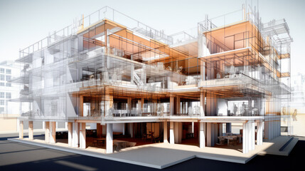 Wireframe of building. sketch design. Digital project visualization