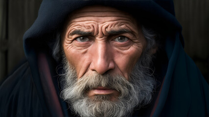 Close-up portrait of an old man with a beard in a depressed state. Generation AI