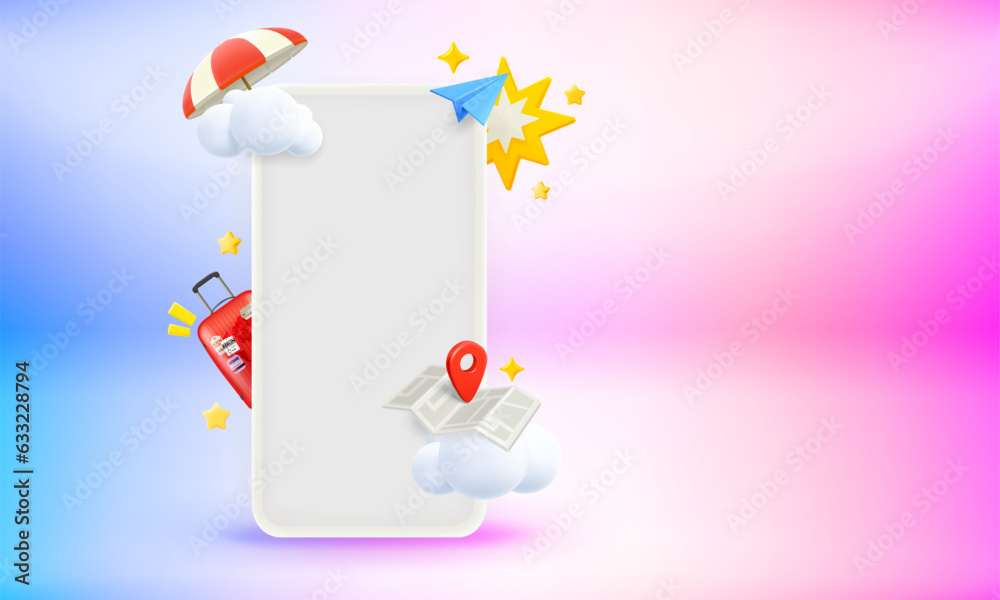Poster Modern smartphone with travel elements and blank screen. 3d vector banner with copy space