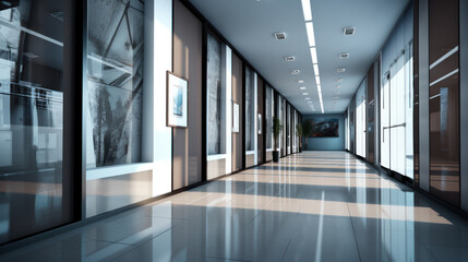 long white empty corridor in interior of entrance hall of modern apartments, office or clinic