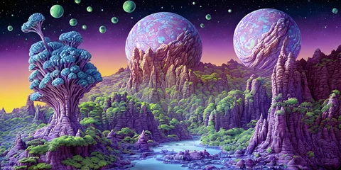 Poster Amazing landscape of alien planet, Generative AI Illustration © pandawild
