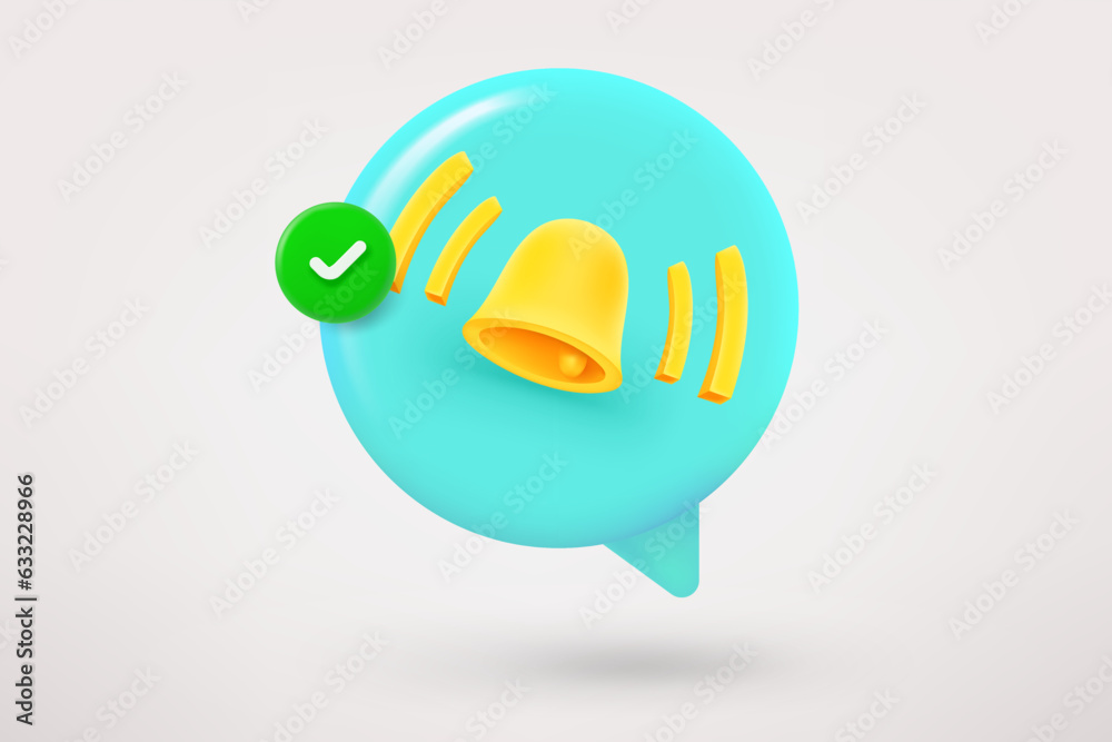 Poster Speech cloud with bell and green checkmark. 3d vector icon