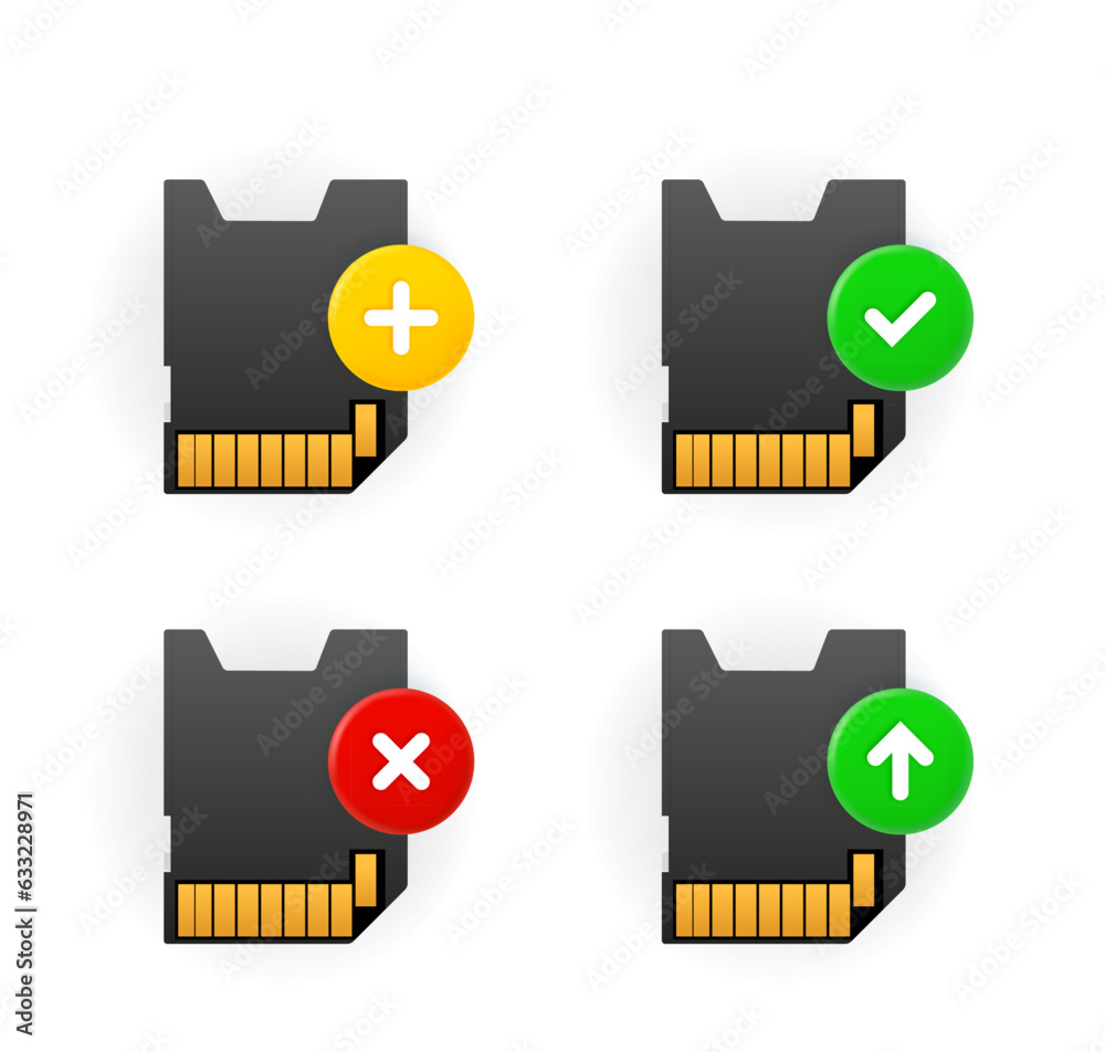 Poster Memory card icons set with different pictograms. 3d vector icons set