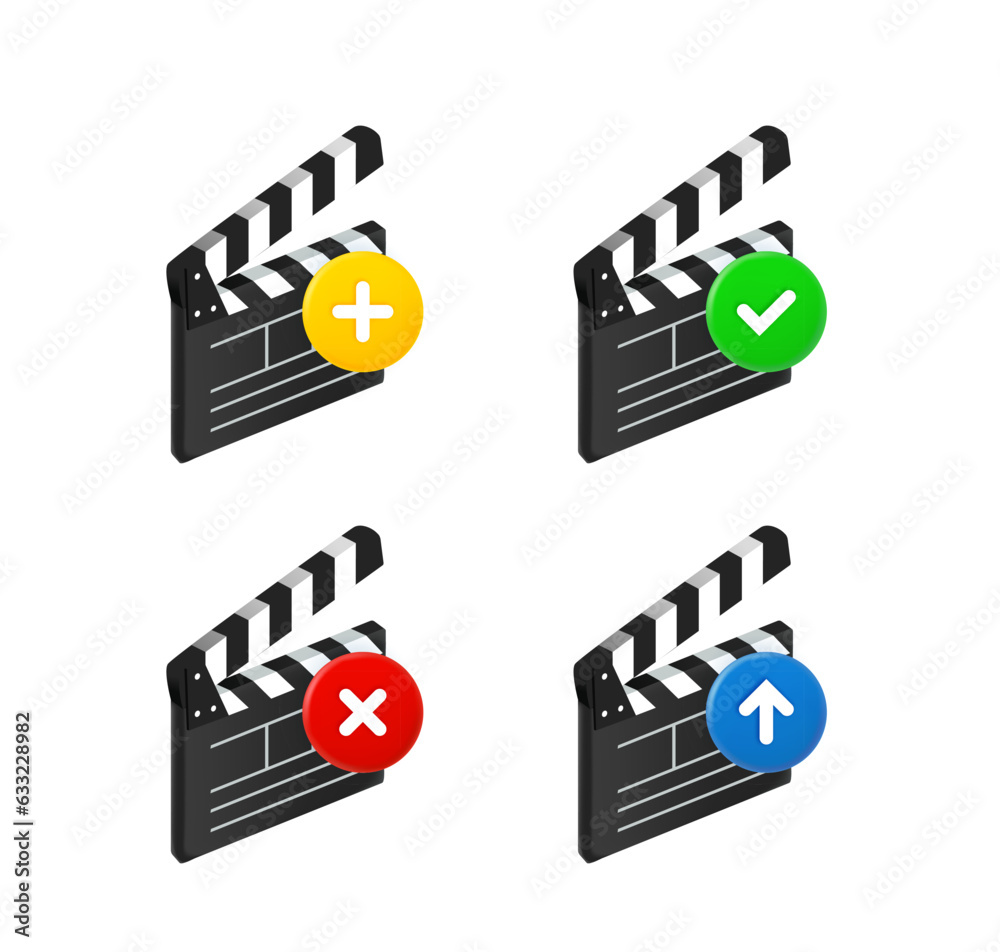 Aufkleber cinema clapper icon set with different pictograms. 3d vector icons set
