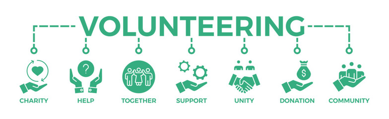 Volunteering banner web icon vector illustration concept for volunteer aid assistant with icon of charity, help, together, support, unity, donation, and community	