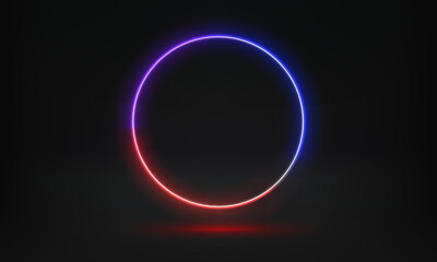 Abstract studio with glowing circle frame of neon light. 3d vector illustration