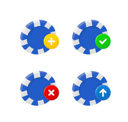 Casino chip set with different pictograms. 3d vector icons set