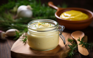 Obraz na płótnie Canvas omemade mayonnaise sauce tucked into a jar.